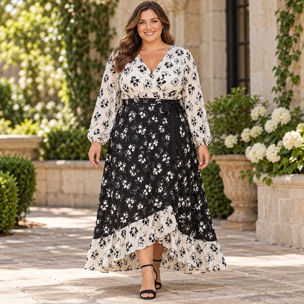 Lane Bryant x Beauticurve Black White Floral Wrap Maxi Dress Plus Size 22